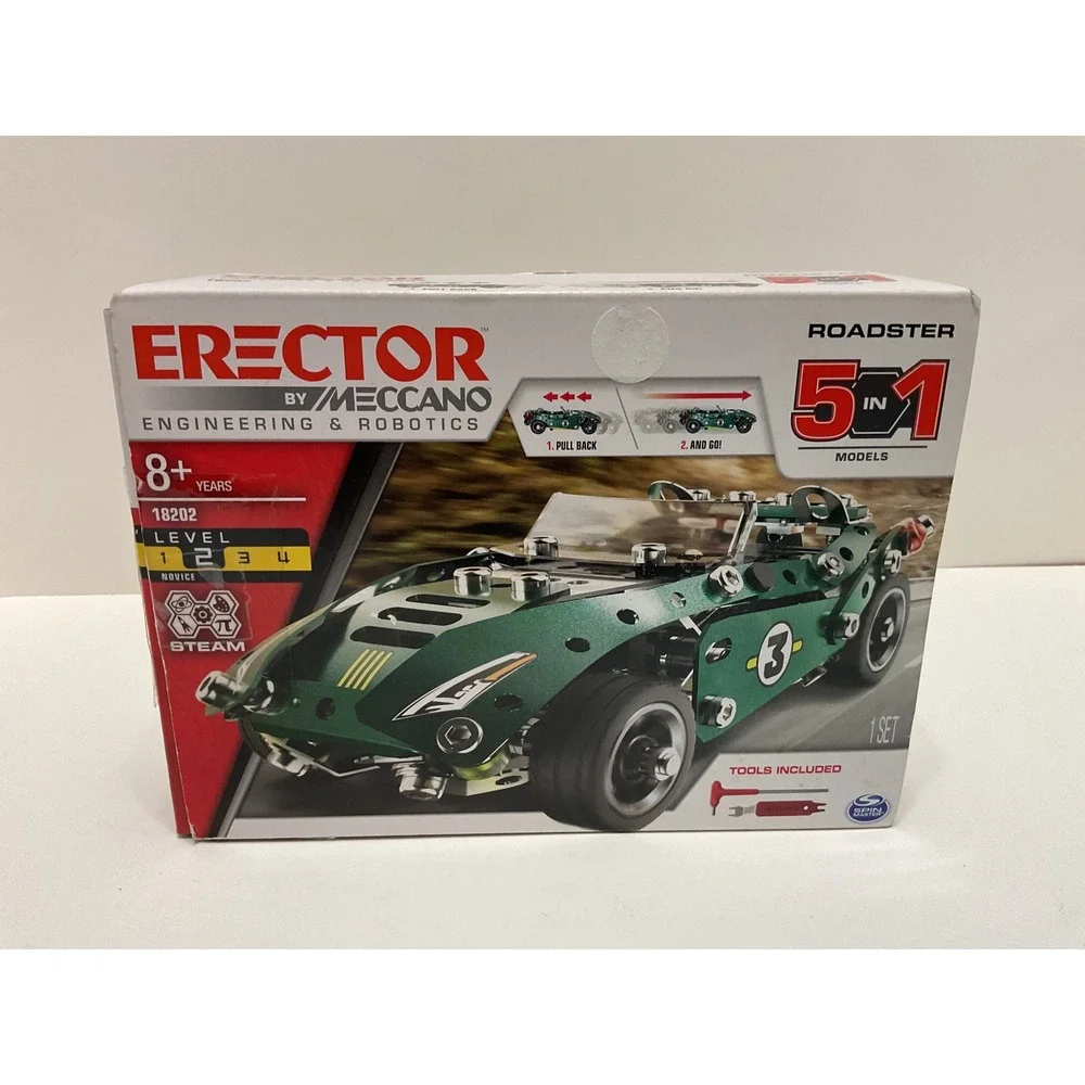 Erector by Meccano Roadster 5-in-1 Model Building Kit 18202 Pull Back Motor Set